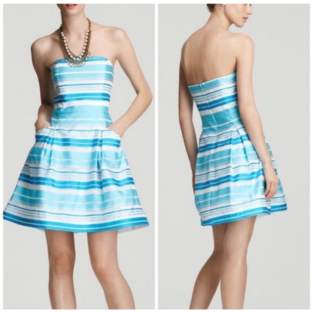 Lilly Pulitzer Blossom‎ Dress Turquoise Wrapping Stripe Silk Size 4 Blue White